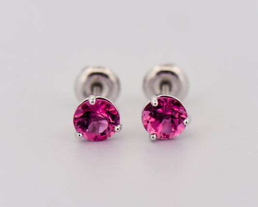 Bright Pink Tourmaline Solitaire Stud Earrings