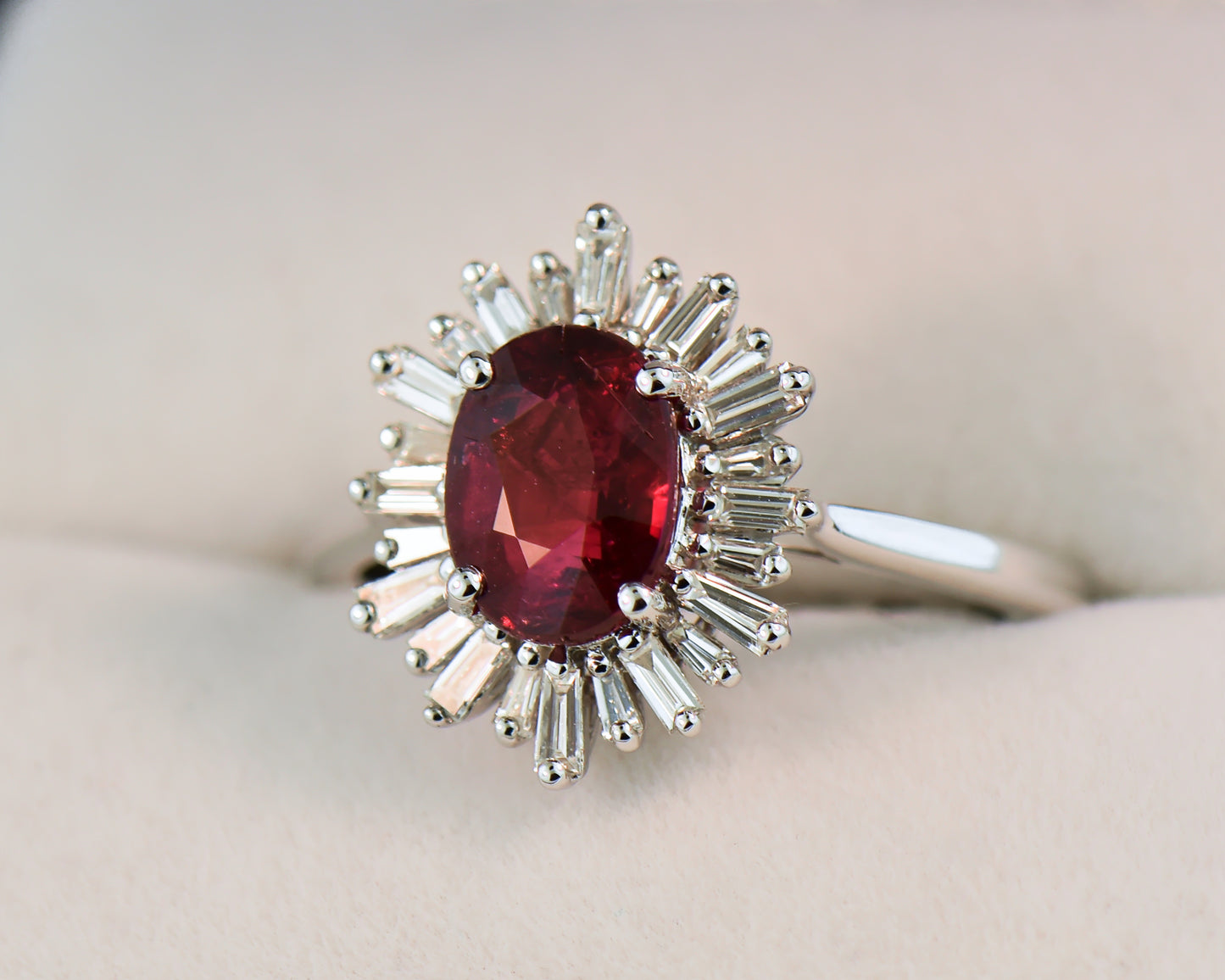 2ct Ruby & Baguette Diamond Halo Ring