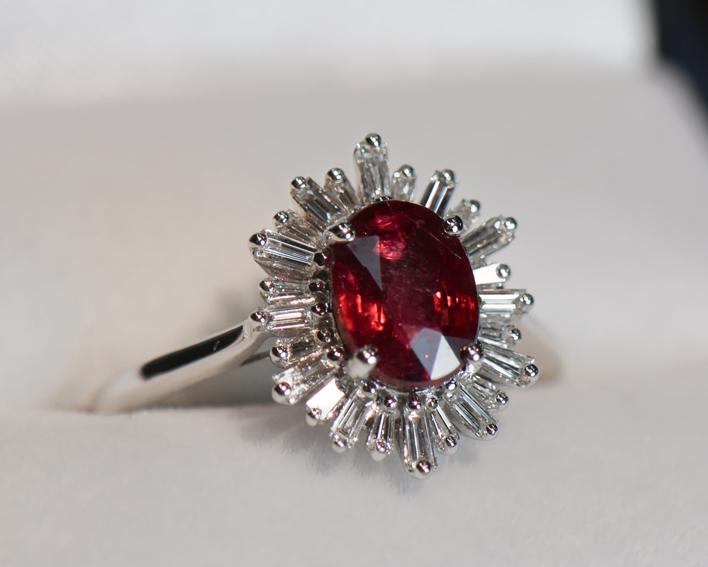 2ct Ruby & Baguette Diamond Halo Ring