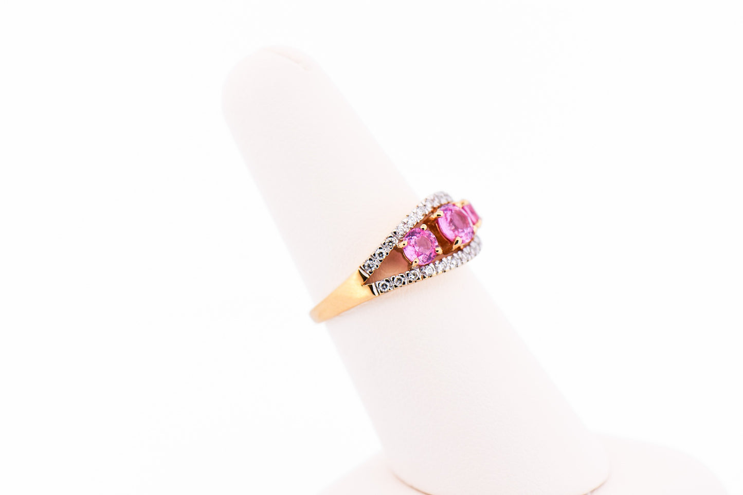 3-Stone Pink Sapphire & Diamond Ring in Yellow Gold