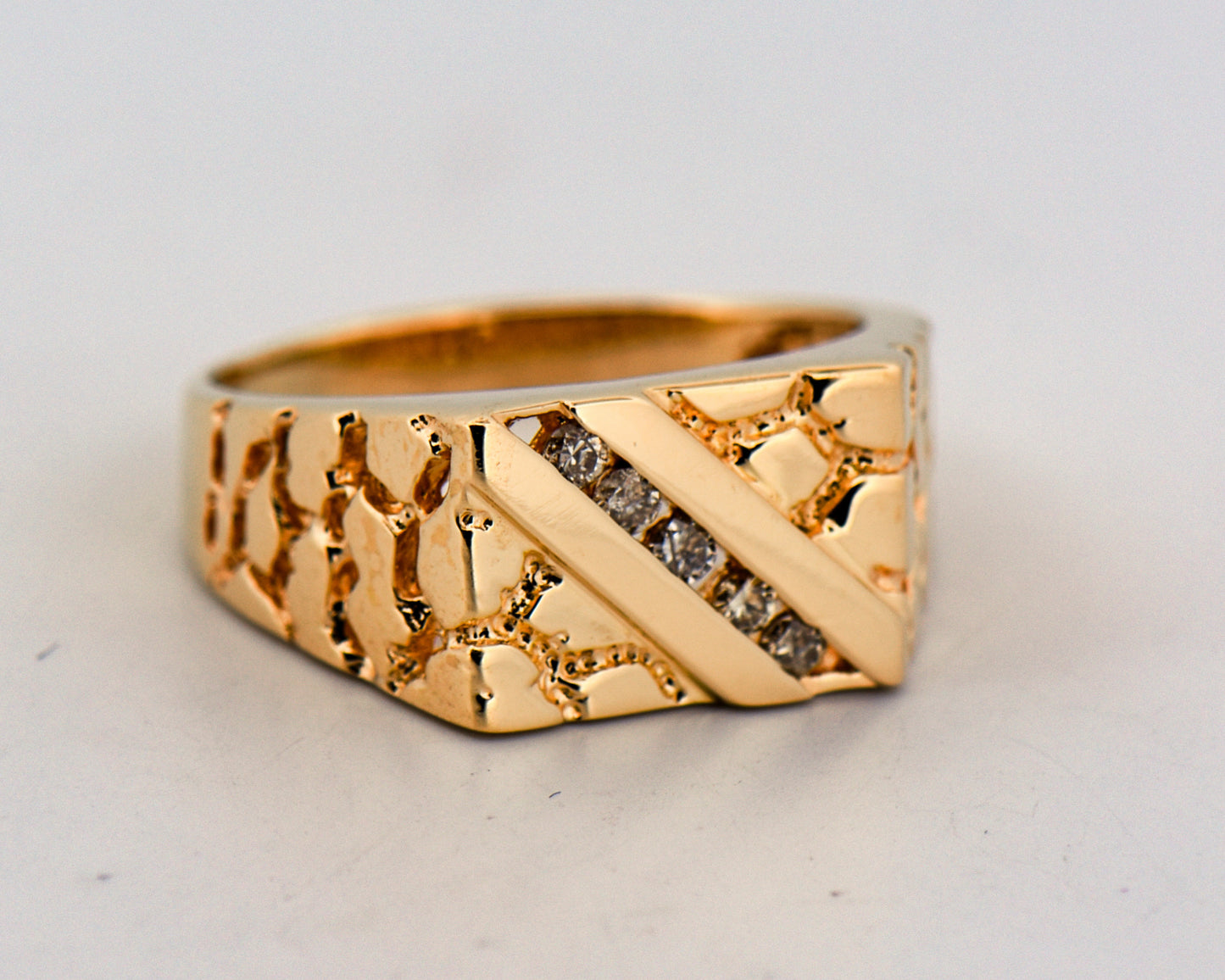 Vintage Gents Gold Nugget Ring with Diamonds