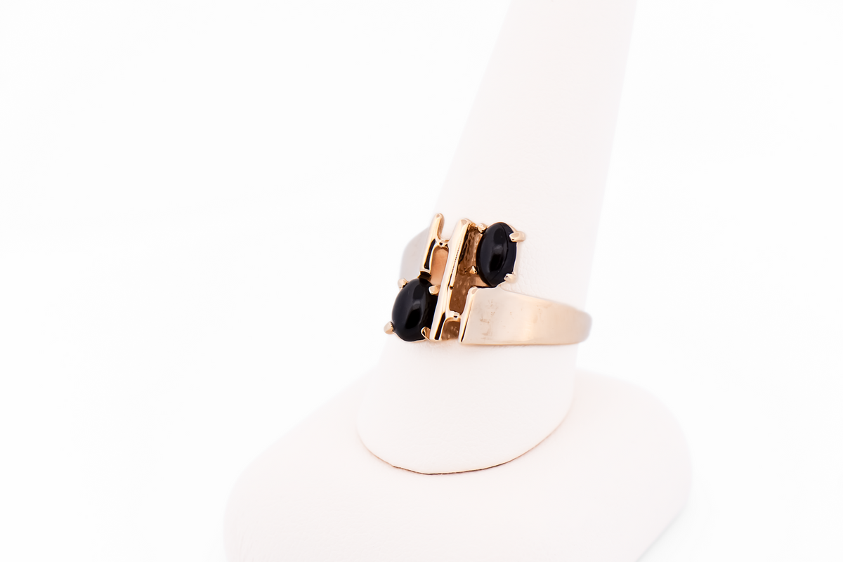 Abstract Mid-Century Yellow Gold Ring with Black Coral Accents