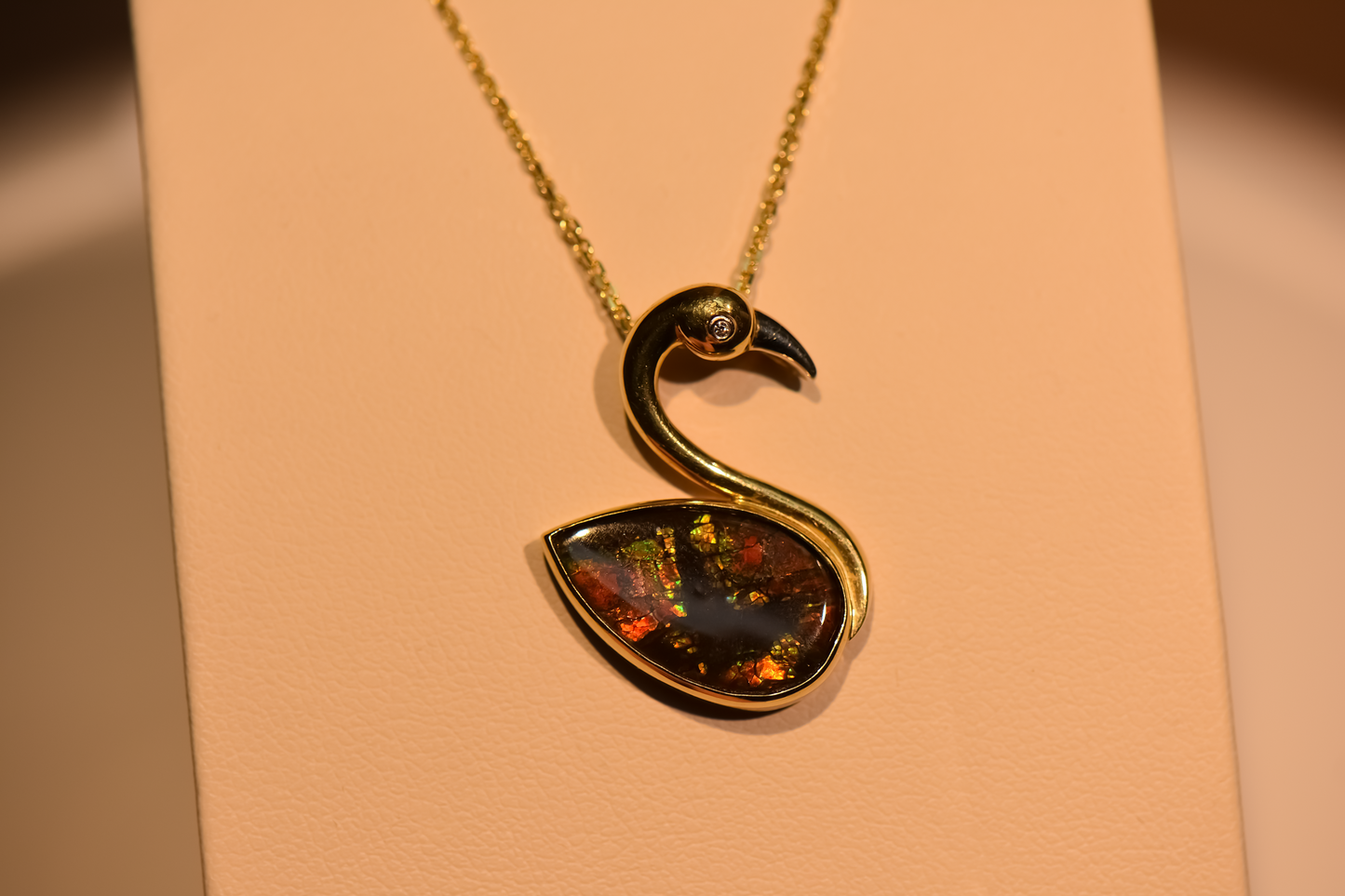 Adorable Ammolite & Diamond Flamingo Pendant in 14k Gold