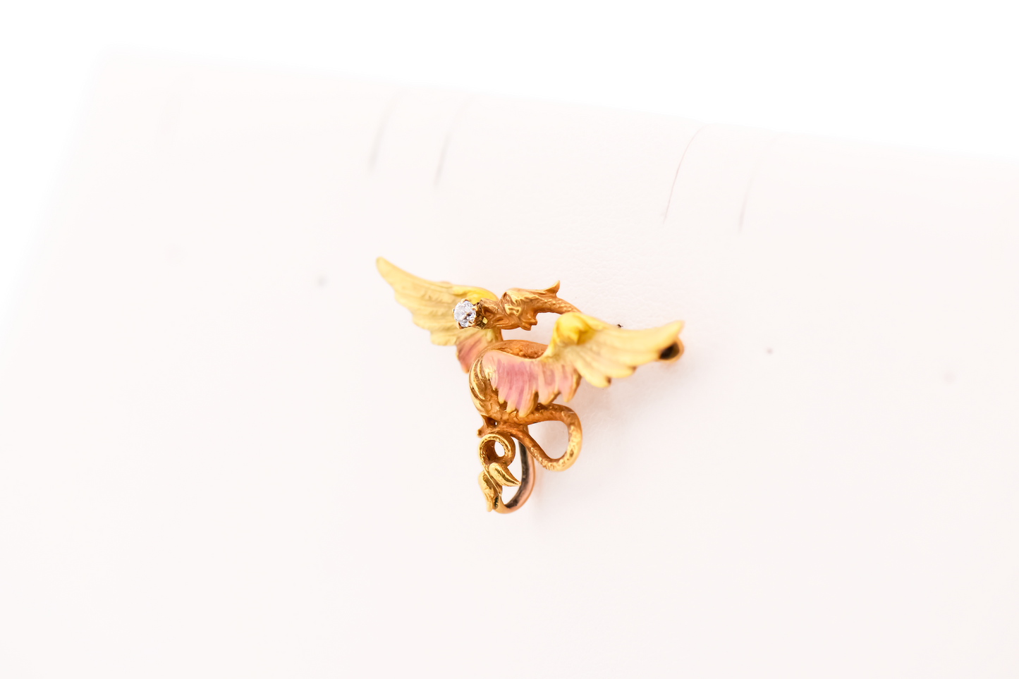 Adorable Krementz Yellow Gold Winged Dragon Pin Pendant with Enamel & Diamonds