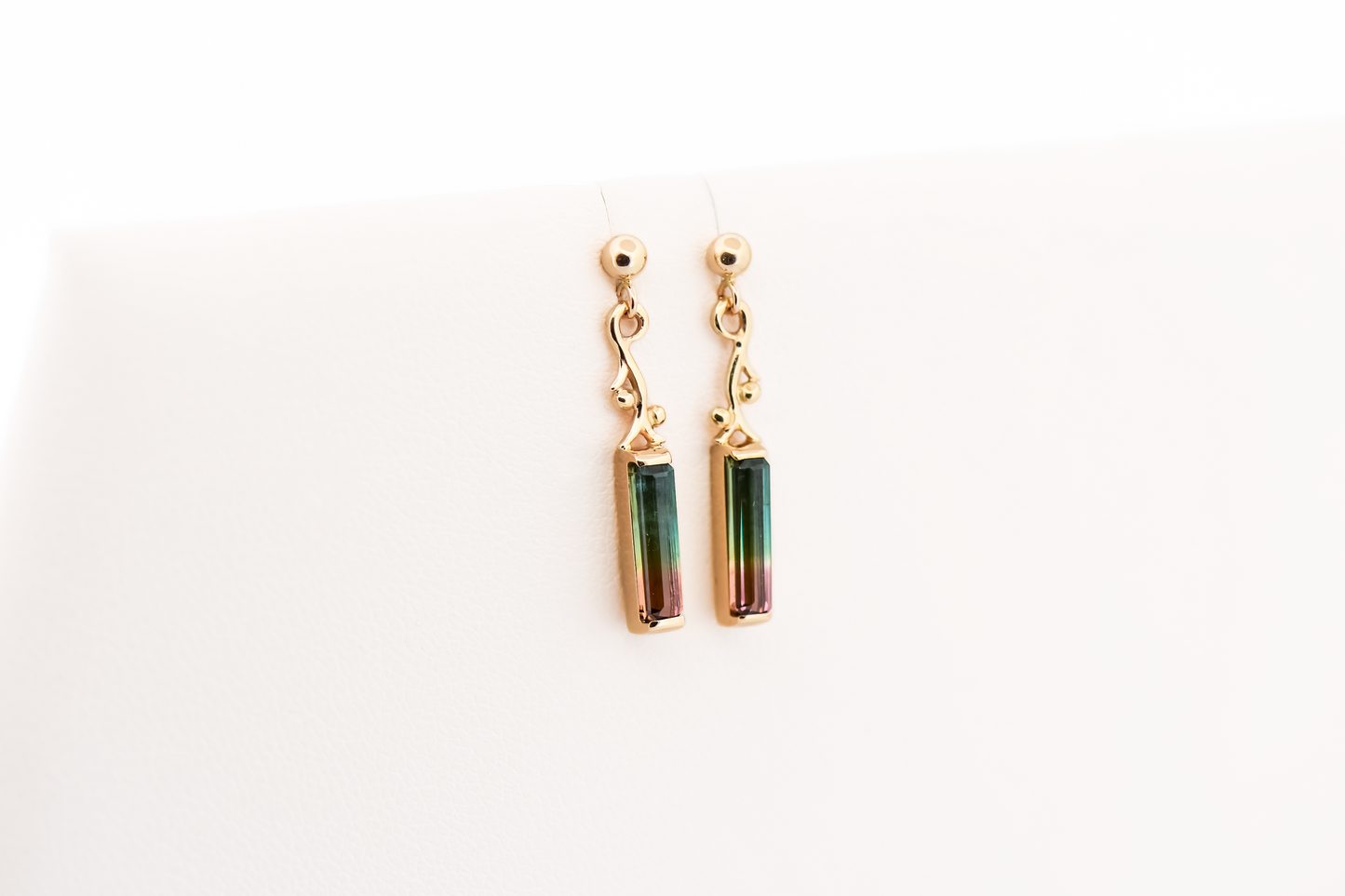 Adorable Watermelon Tourmaline Dangle Earrings in 14k Yellow Gold
