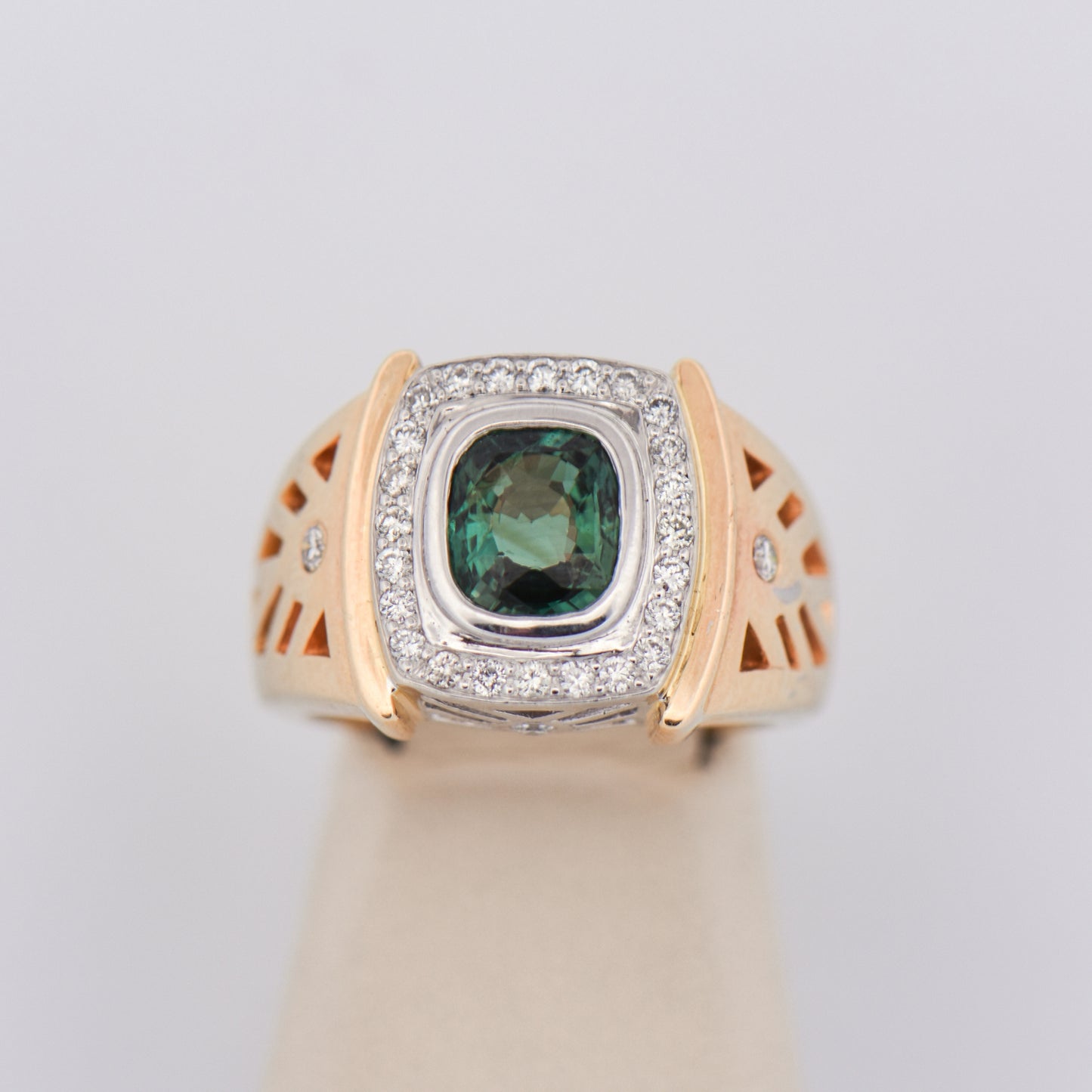 Unisex Cushion 2ct Alexandrite & Diamond Ring in Two-Tone Gold