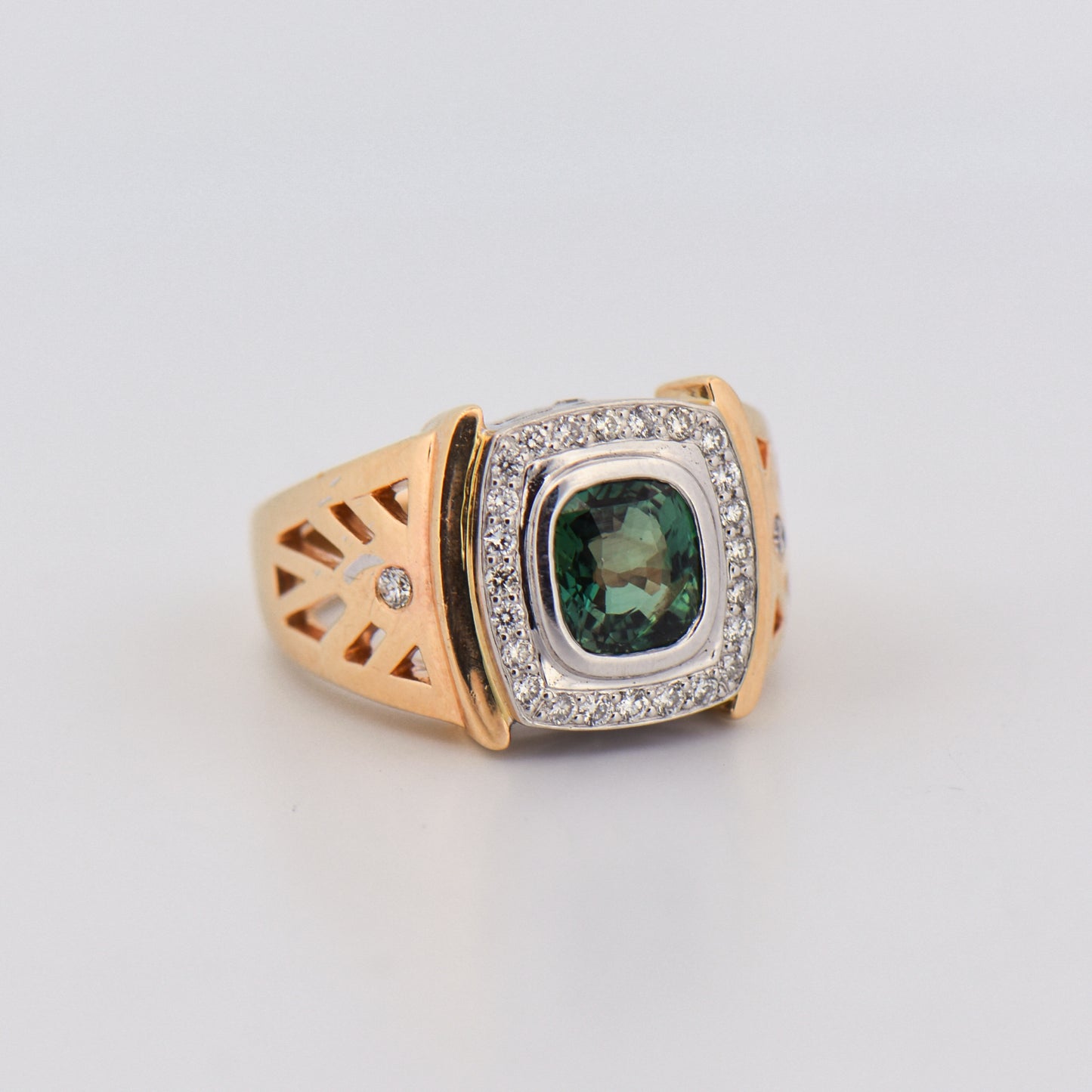 Unisex Cushion 2ct Alexandrite & Diamond Ring in Two-Tone Gold