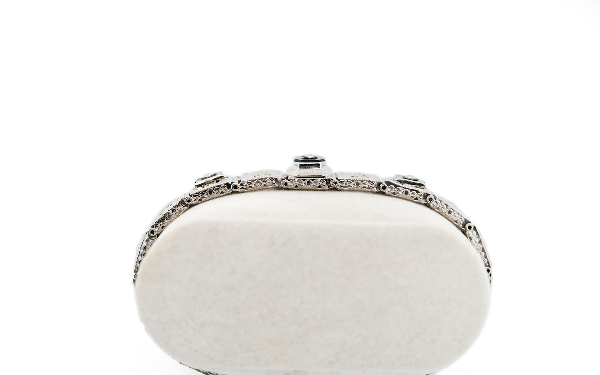 Amazing Art Deco White Gold Filigree Link Bracelet with Onyx & Diamonds