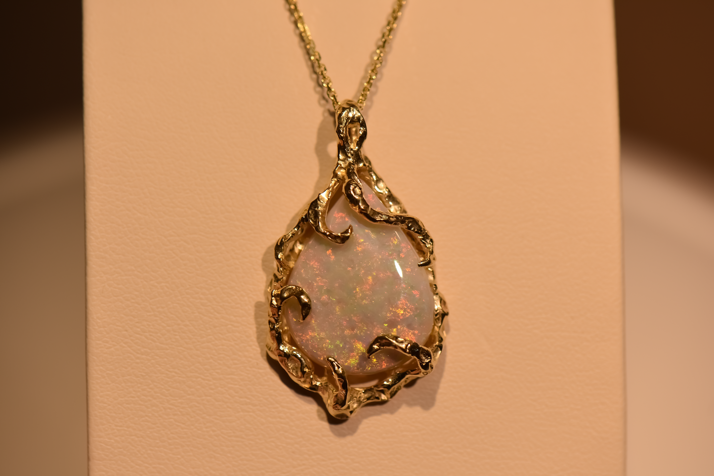 Amazing Brutalist Pendant - Coober Pedy Opal Set in Yellow Gold Coral Inspired Frame