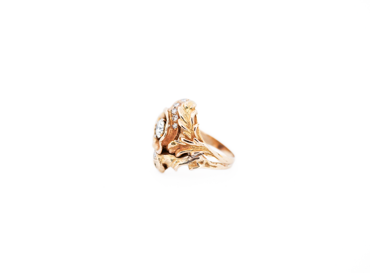 Amazing Vintage 1960s Floral Diamond Cocktail Ring in Hand-Carved Yellow Gold
