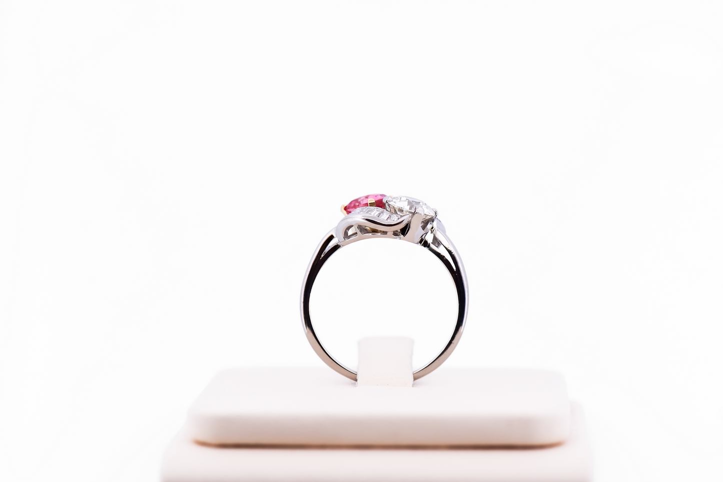 Amazing Vintage Platinum Toi et Moi Ring with Padparadscha Sapphire & Diamonds
