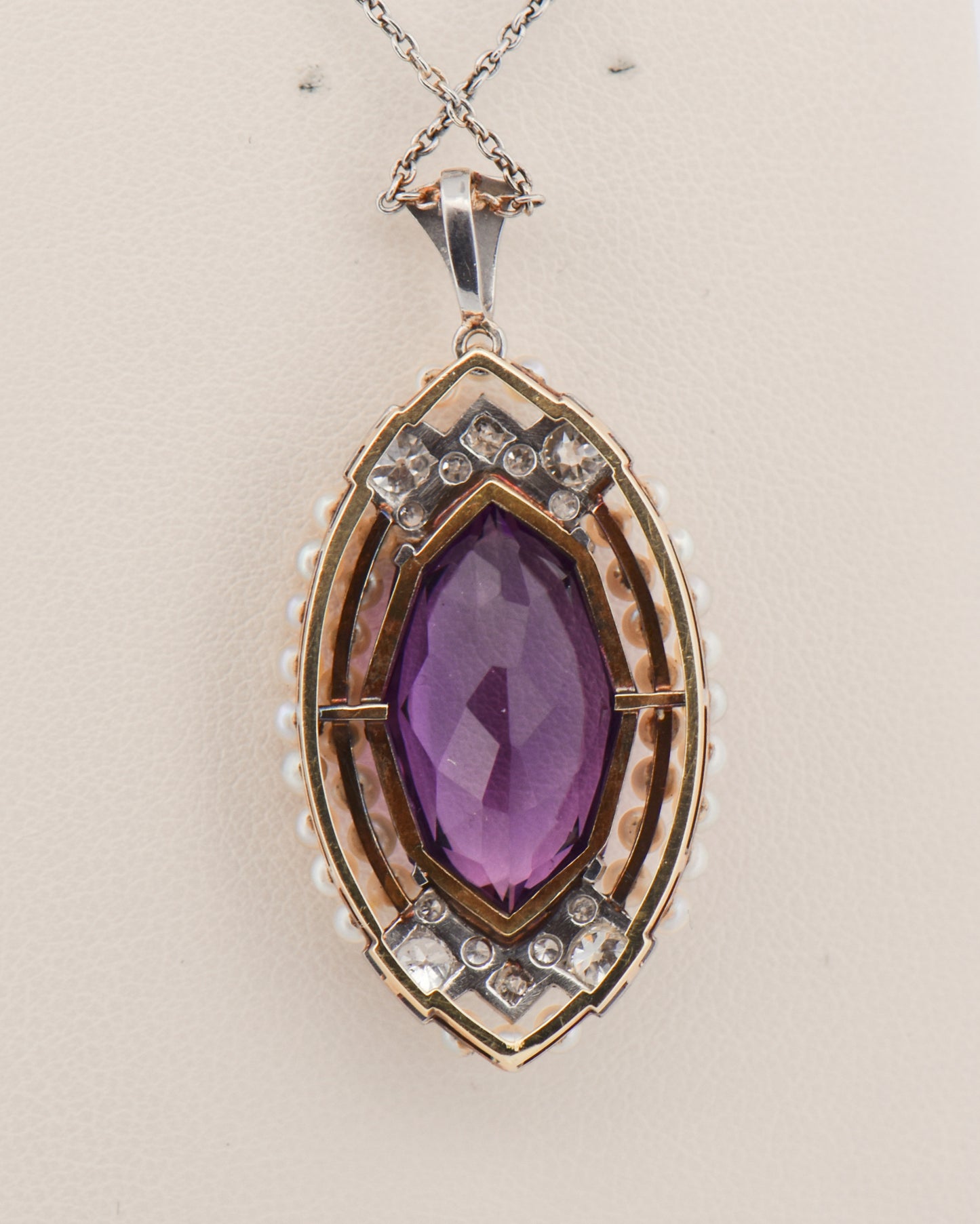Geometric Art Deco Necklace with Amethyst & Pearls