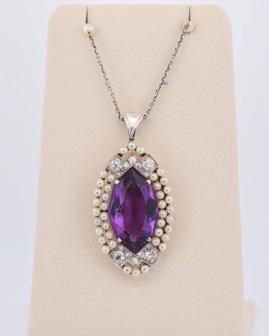 Geometric Art Deco Necklace with Amethyst & Pearls