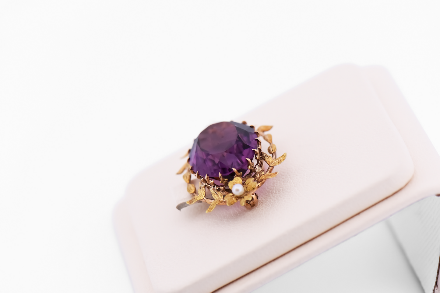 Antique Amethyst Brooch with Floral Gold Trim & Pearl Accents