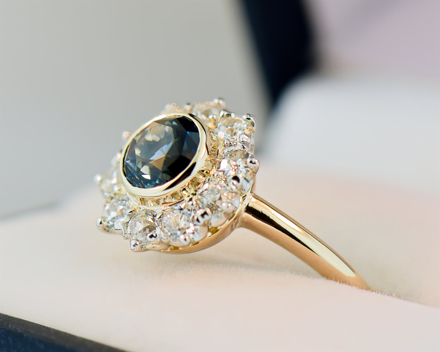 Antique Bezel Set Teal-Blue Sapphire & Old Euro Diamond Halo Ring