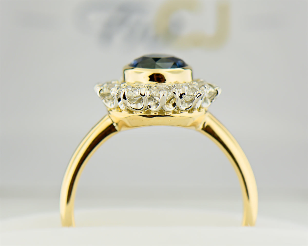 Antique Bezel Set Teal-Blue Sapphire & Old Euro Diamond Halo Ring