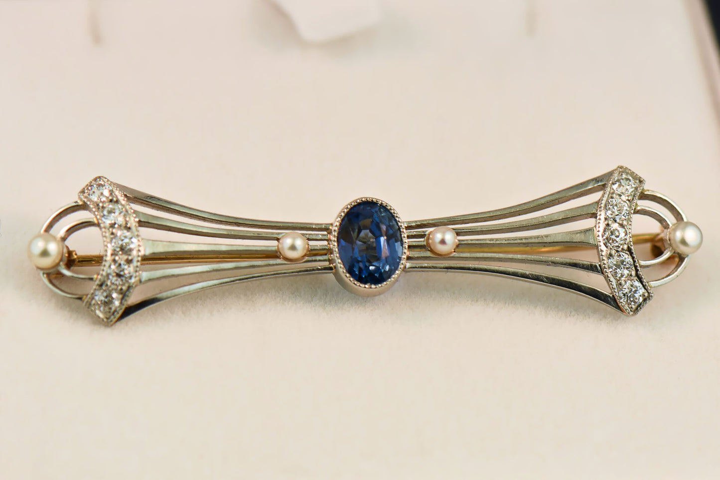 Antique Bow Brooch With Sapphire, Diamonds & Pearls