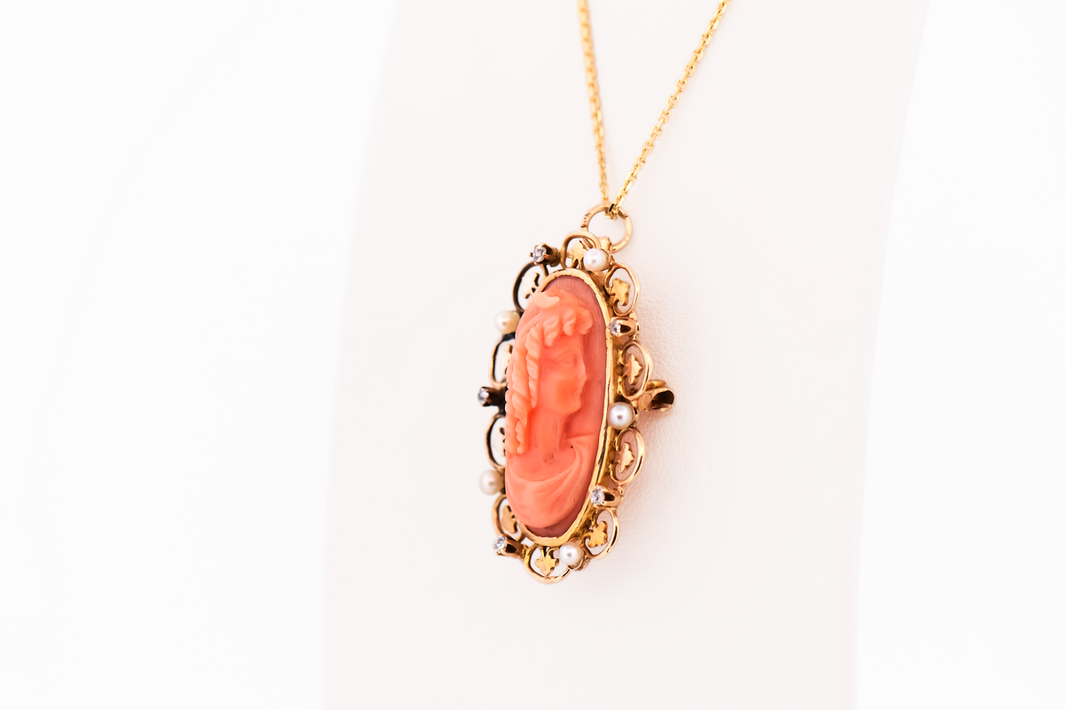 Antique Carved Coral Cameo with Pearl & Diamond Frame - Pin Pendant Combo