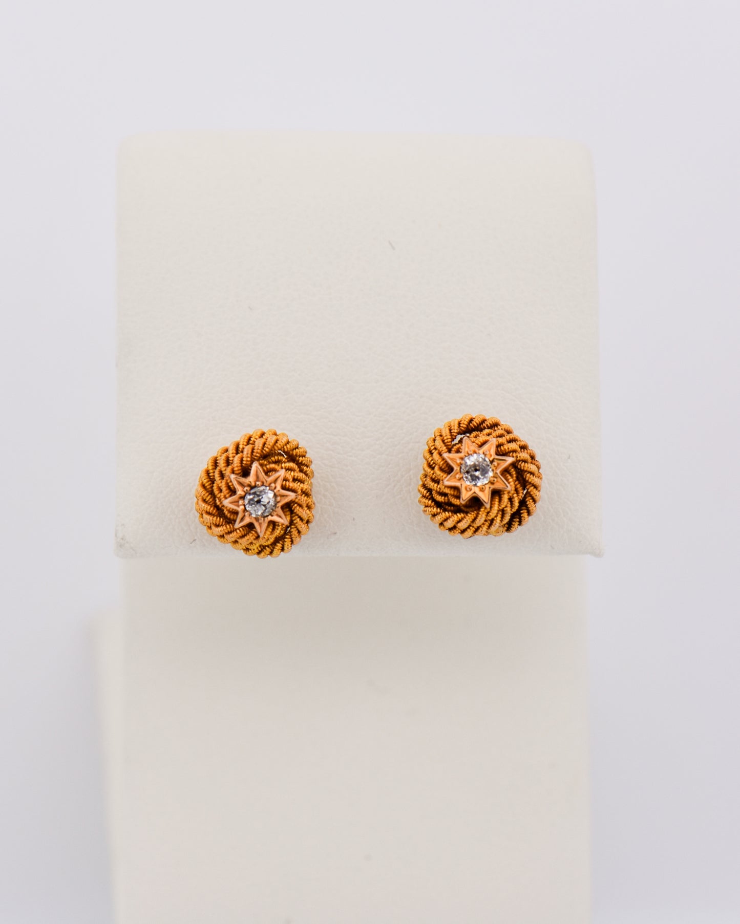 Victorian Gold Love Knot Stud Earrings with Diamonds