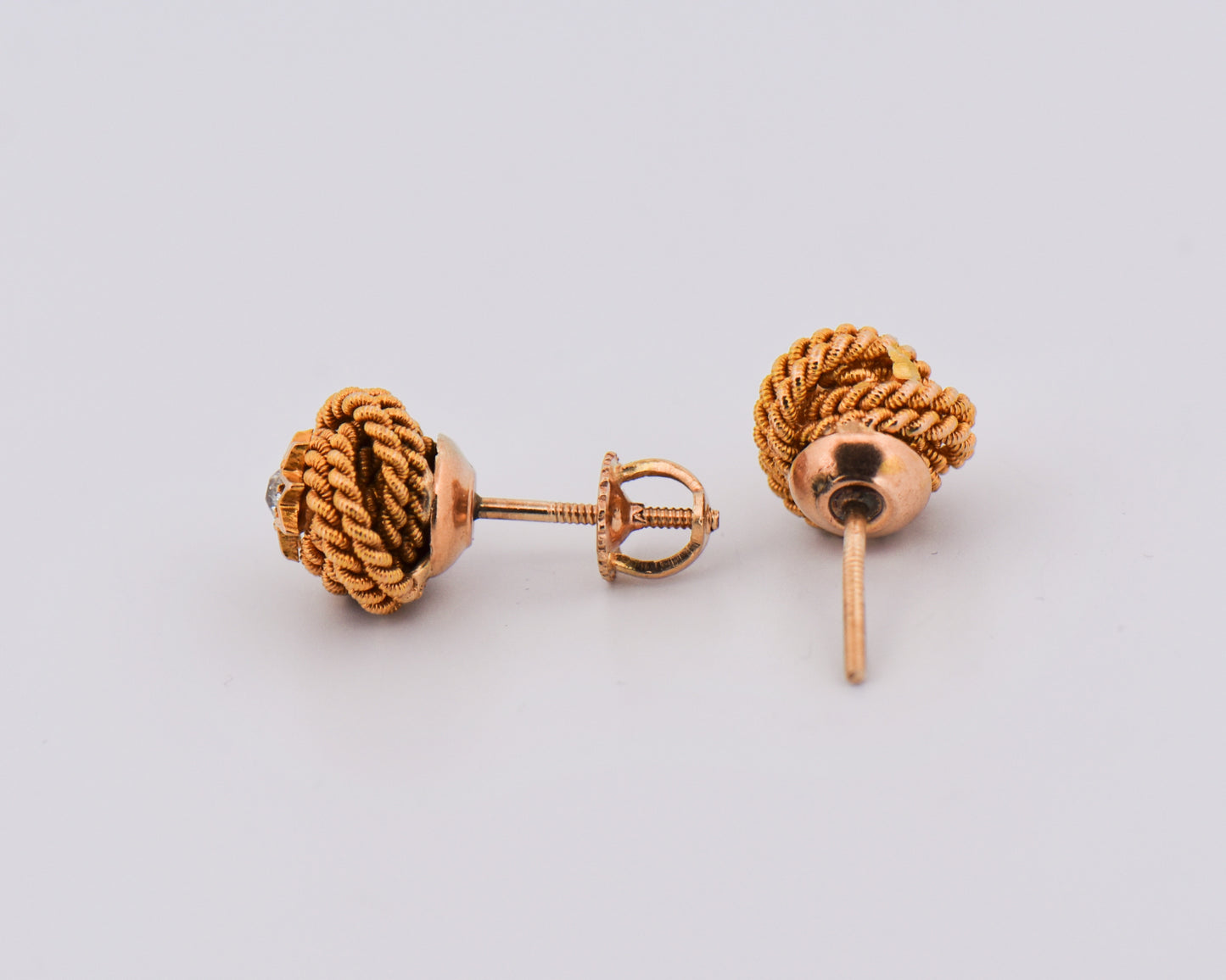 Victorian Gold Love Knot Stud Earrings with Diamonds