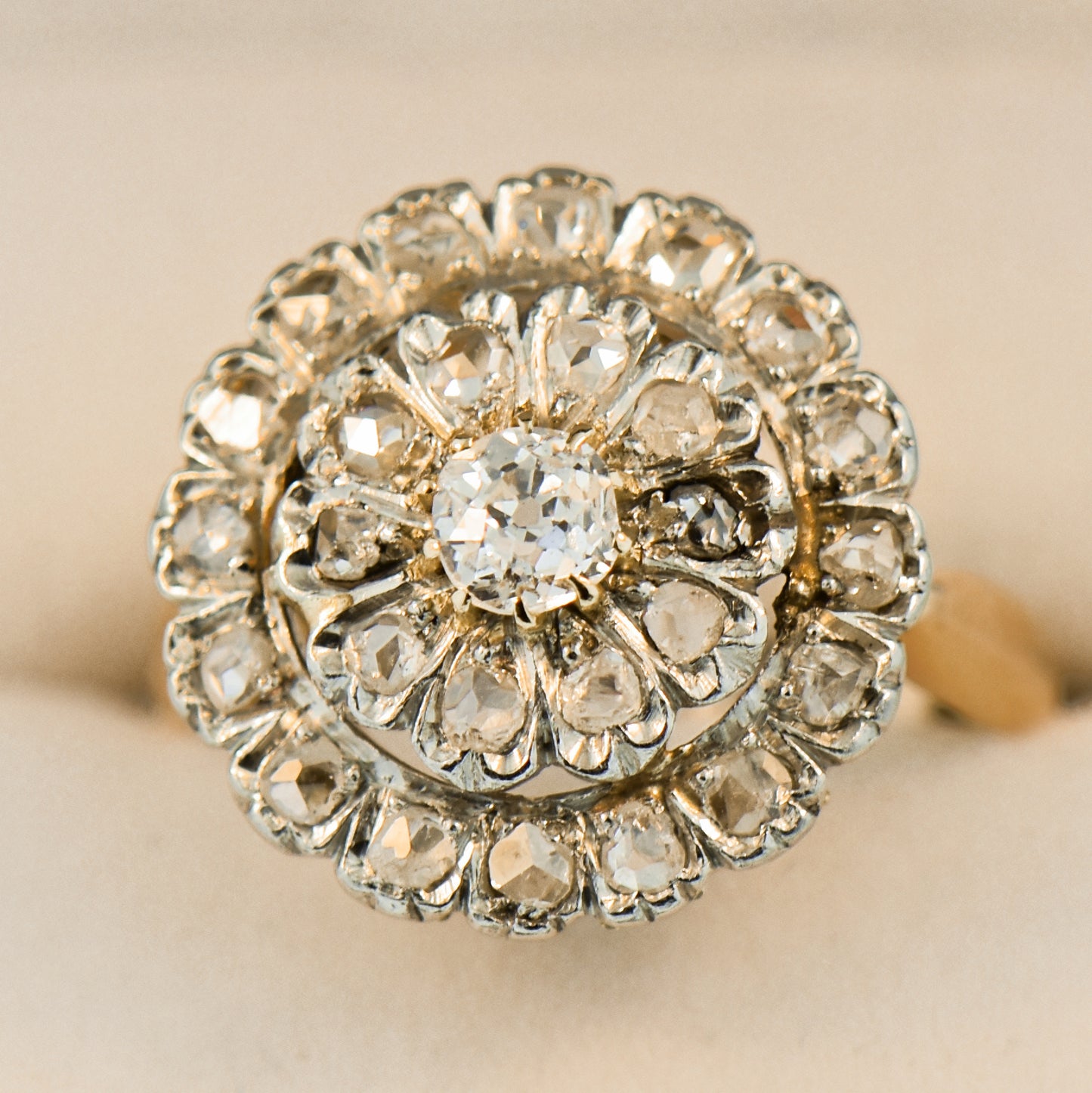 French Antique Target Ring Set with Antique Diamonds