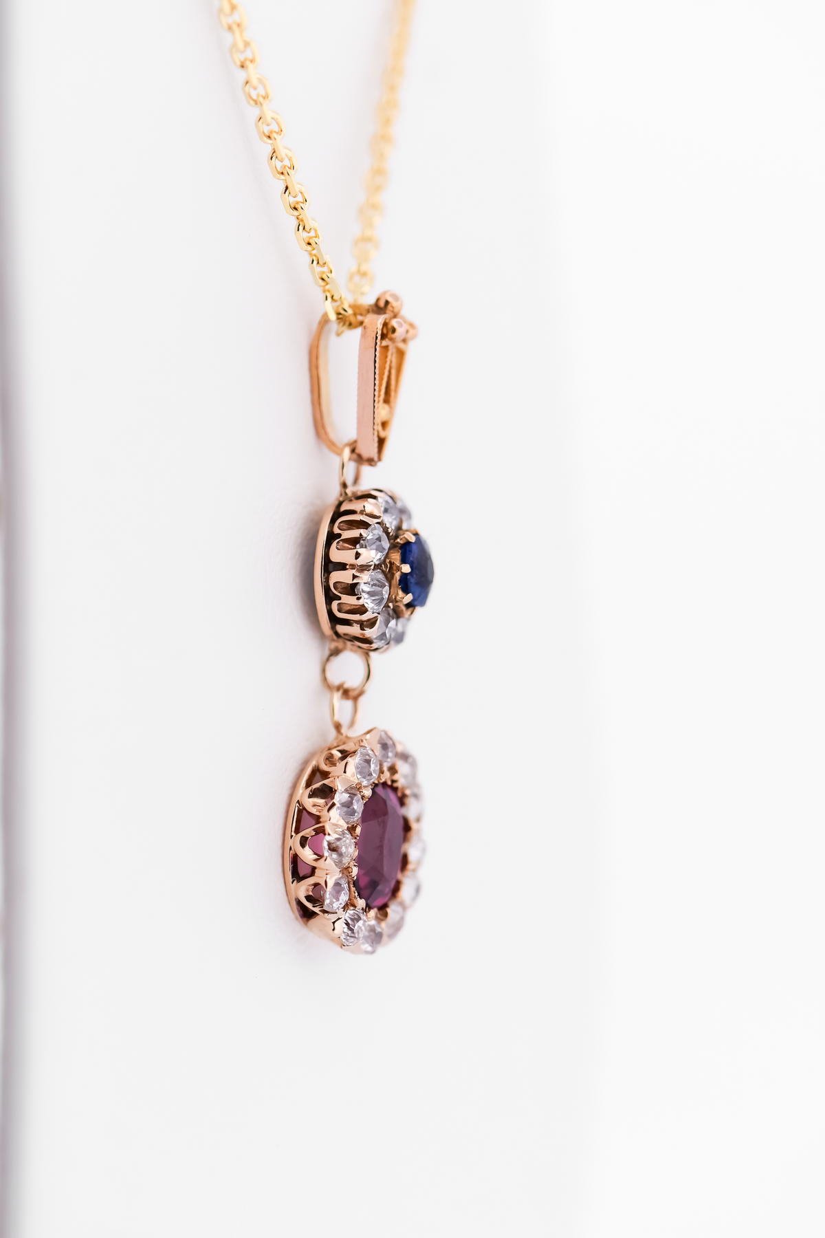 Antique Drop Pendant with Blue Sapphire, Purple Garnet & Old Cut Diamonds