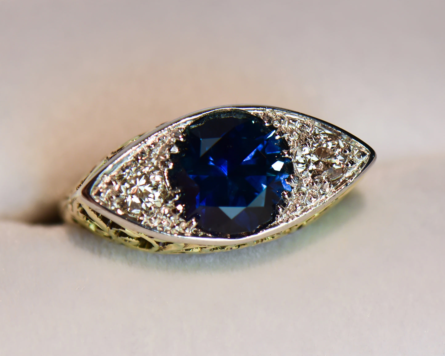 Antique Eye-Shaped Montana Sapphire & Diamond Ring