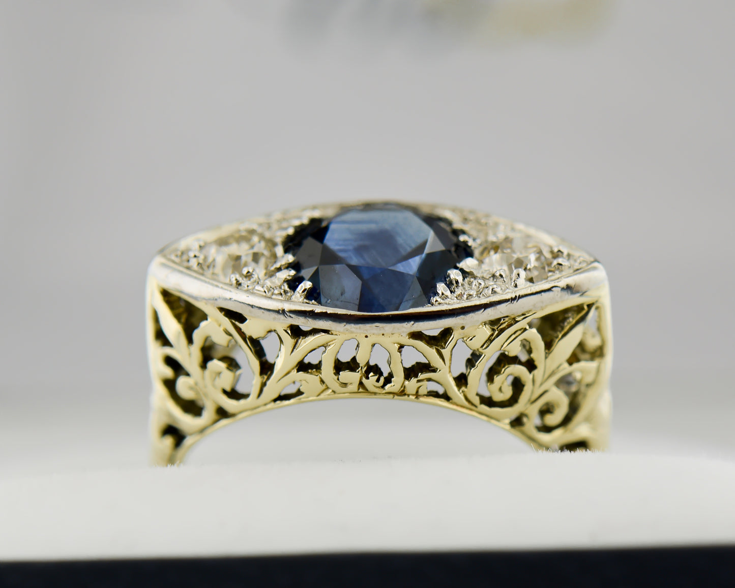 Antique Eye-Shaped Montana Sapphire & Diamond Ring