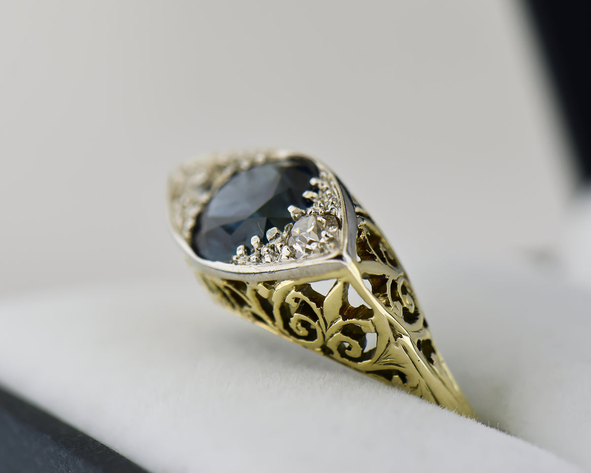 Antique Eye-Shaped Montana Sapphire & Diamond Ring
