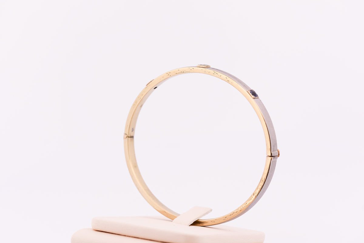 Antique Hinged Bangle Bracelet with Sapphires & Diamonds