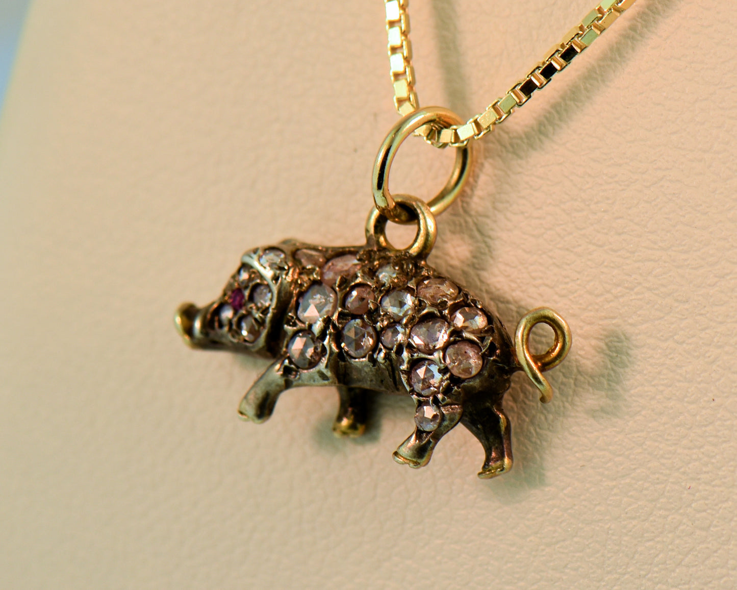 Little Piggie Pendant, Sterling & Gold & Rose Cut Diamonds