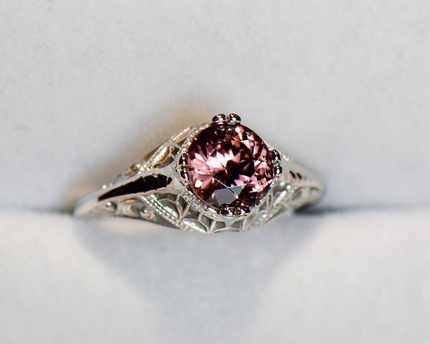 Deco Die-Struck 18k White Gold Blush Zircon Ring