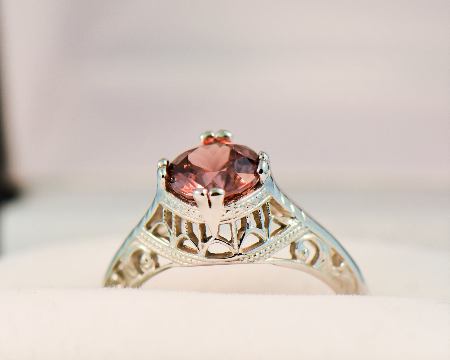 Deco Die-Struck 18k White Gold Blush Zircon Ring