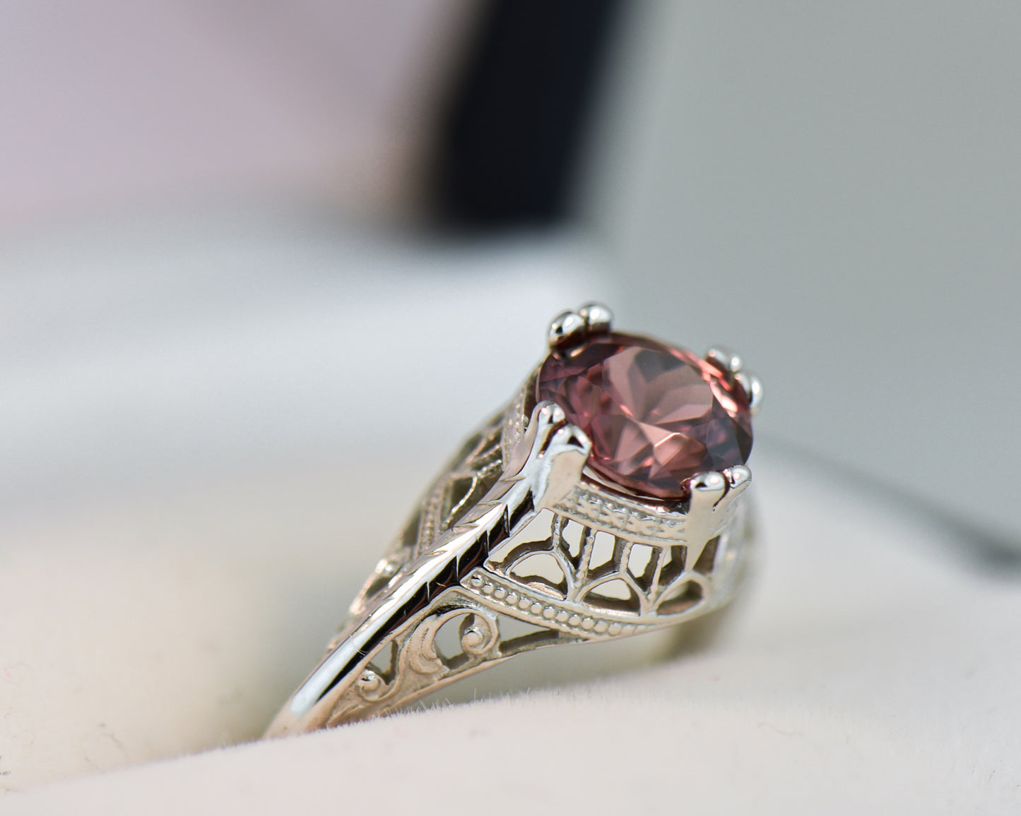 Deco Die-Struck 18k White Gold Blush Zircon Ring