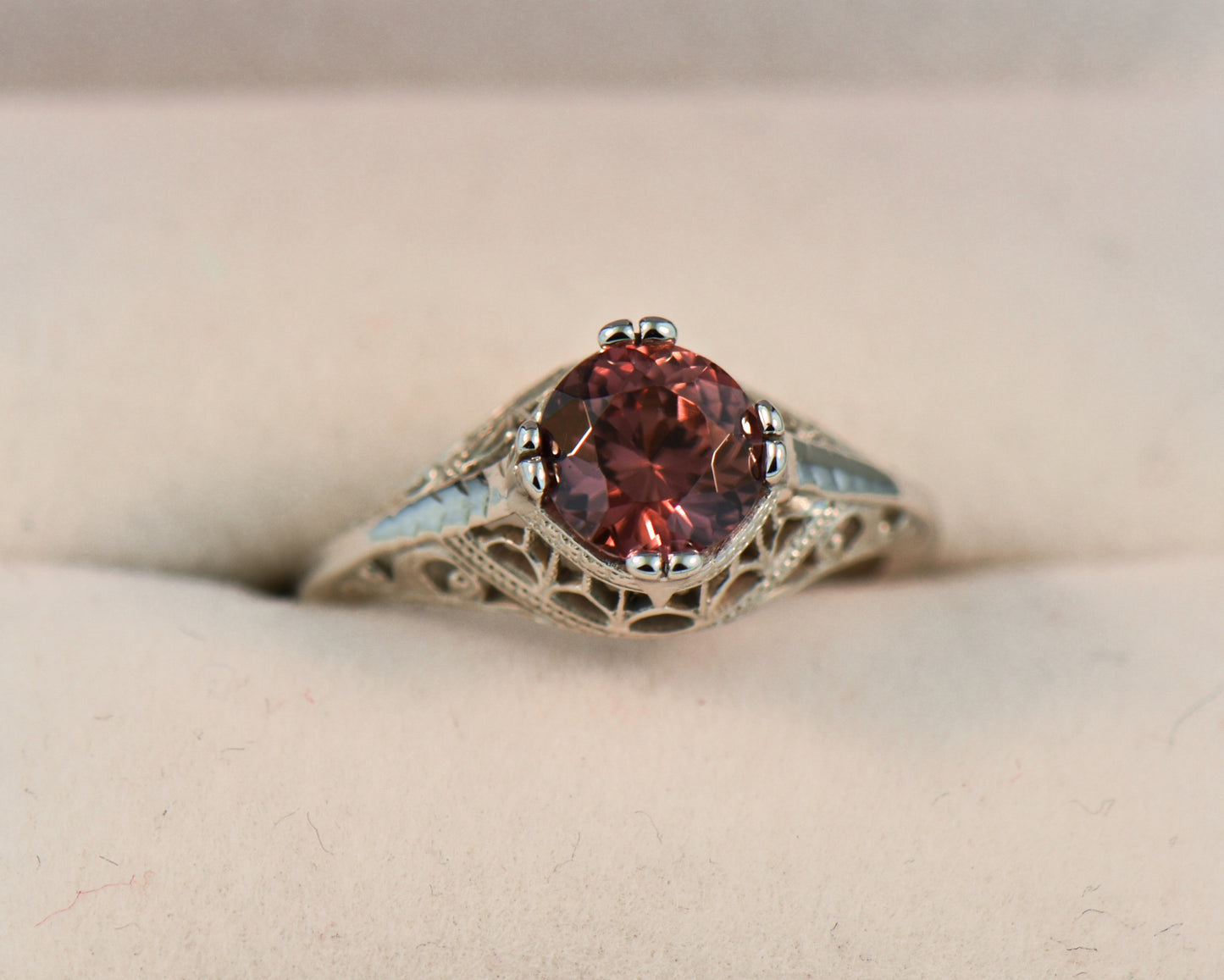 Deco Die-Struck 18k White Gold Blush Zircon Ring
