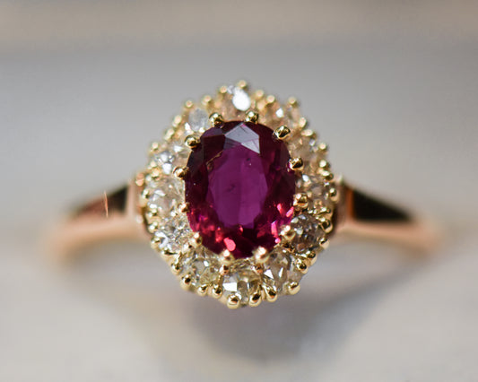 Victorian Gold Ruby & Diamond Halo Engagement Ring
