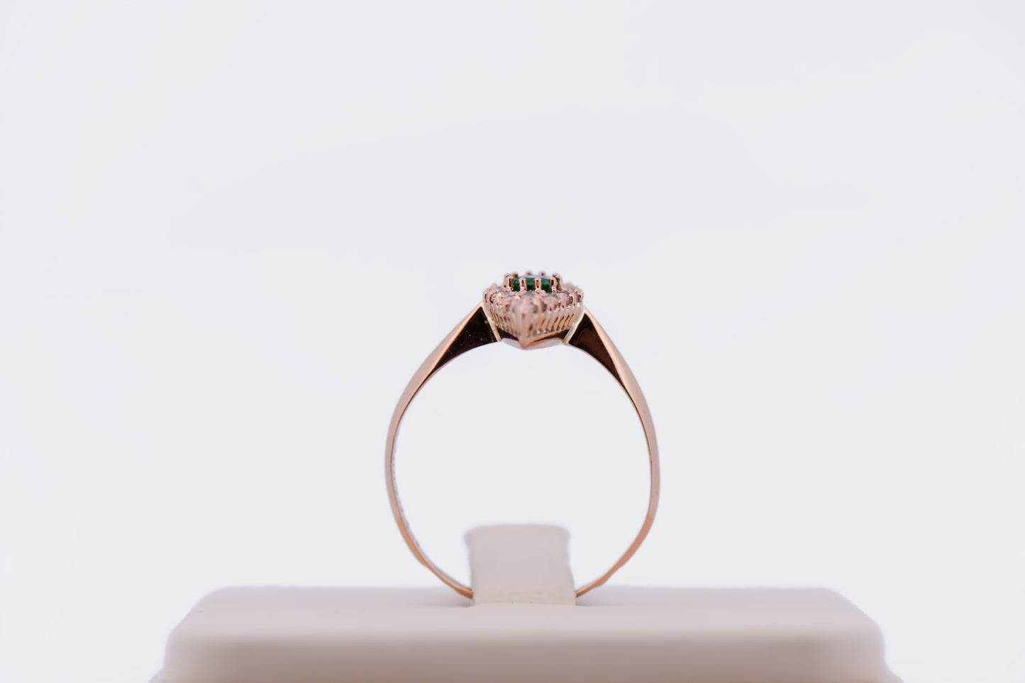 Antique Russian Red Gold Navette Ring with Emerald & Rose Cut Diamonds