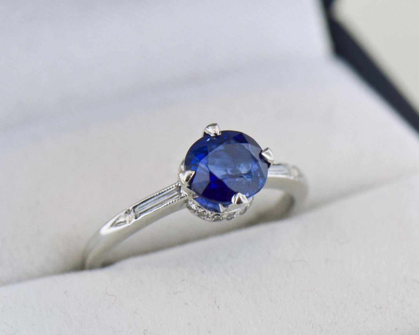 Art Deco Platinum Engagement Ring with Royal Blue Sapphire