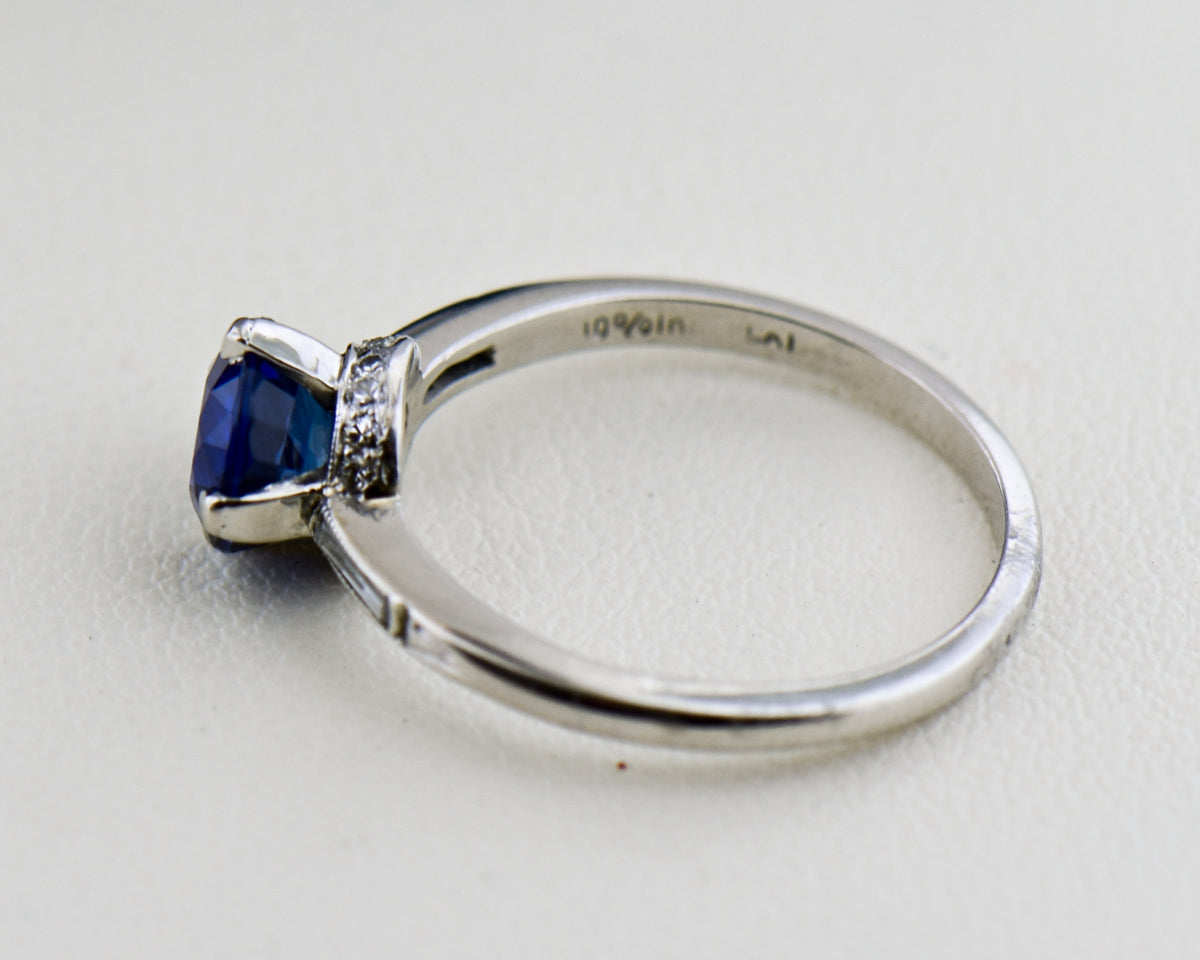 Art Deco Platinum Engagement Ring with Royal Blue Sapphire
