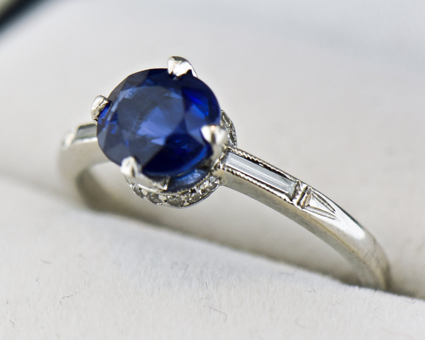 Art Deco Platinum Engagement Ring with Royal Blue Sapphire