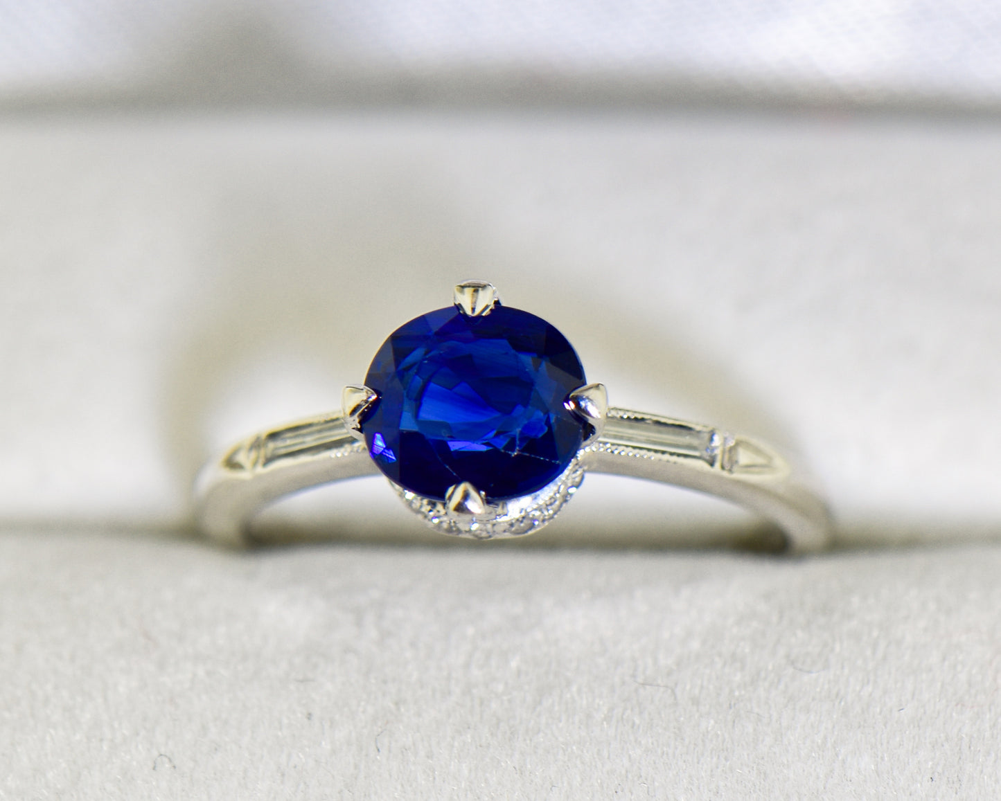 Art Deco Platinum Engagement Ring with Royal Blue Sapphire