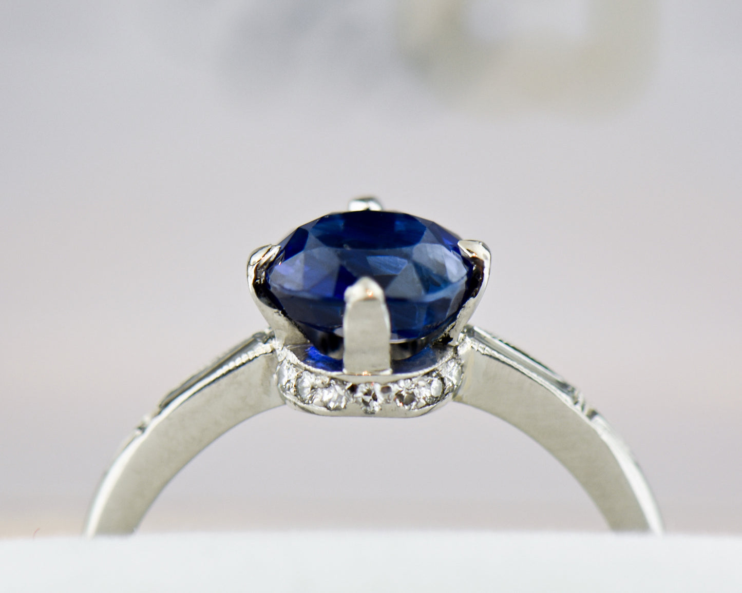 Art Deco Platinum Engagement Ring with Royal Blue Sapphire