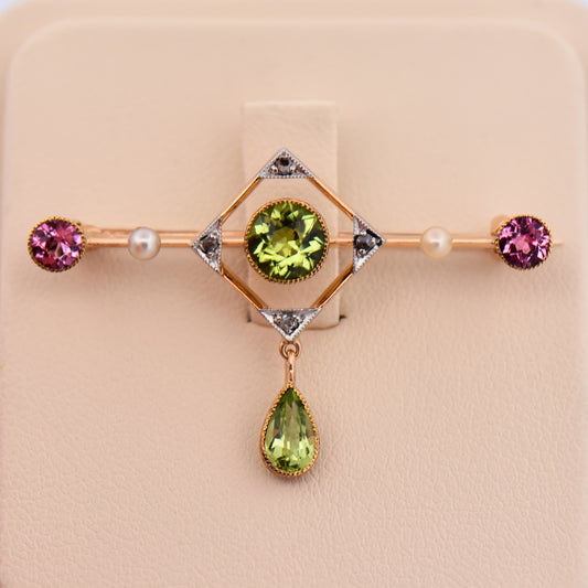 Antique Suffragette Brooch 15k Yellow Gold with Pink Tourmaline, Peridot, Pearl & Diamonds
