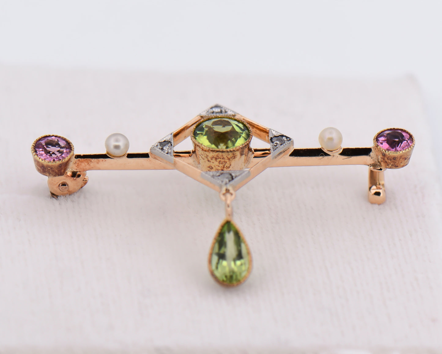 Antique Suffragette Brooch 15k Yellow Gold with Pink Tourmaline, Peridot, Pearl & Diamonds