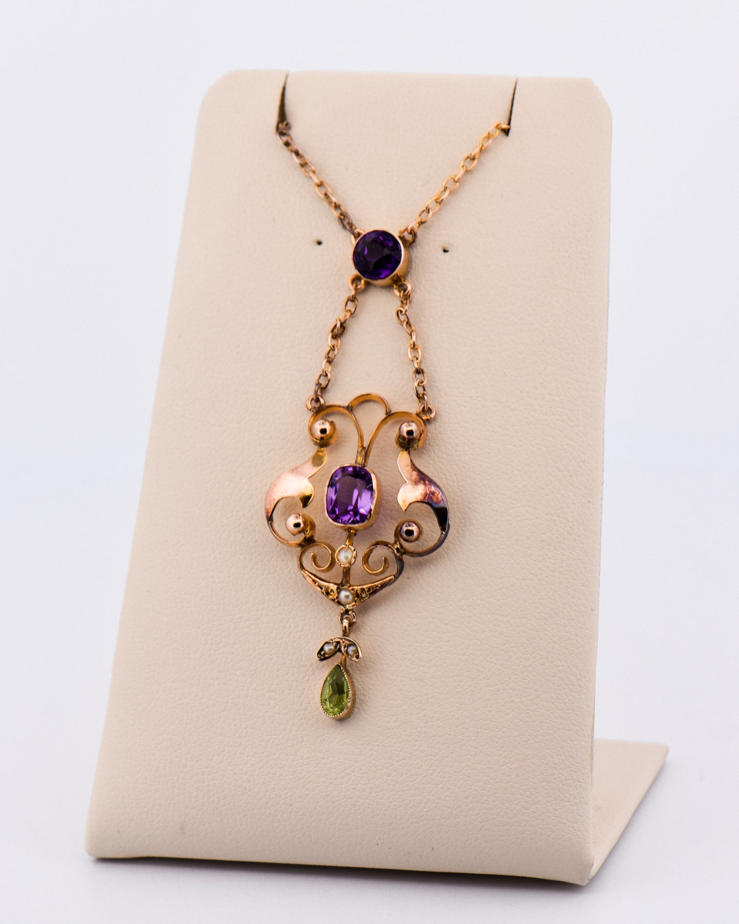 Antique Suffragette Necklace in 9k Rose Gold with Amethyst, Peridot & Pearls