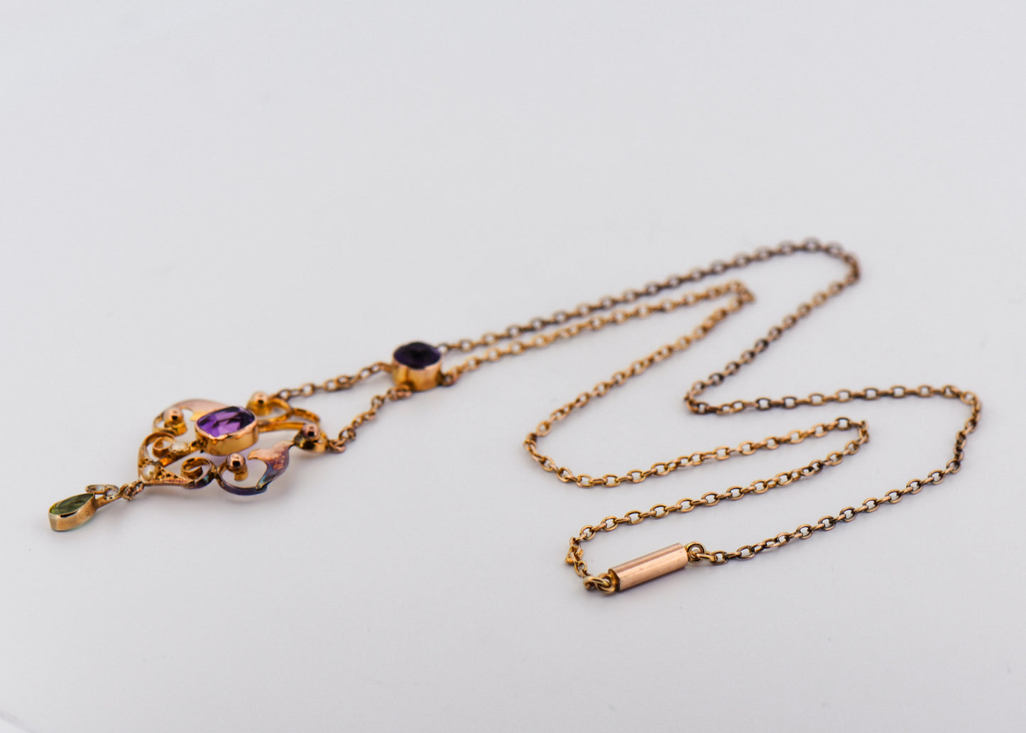 Antique Suffragette Necklace in 9k Rose Gold with Amethyst, Peridot & Pearls