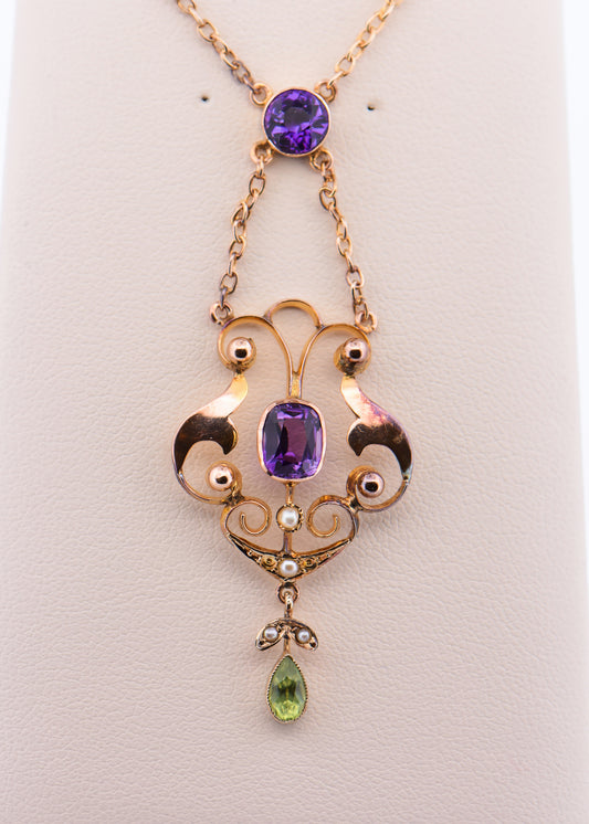 Antique Suffragette Necklace in 9k Rose Gold with Amethyst, Peridot & Pearls
