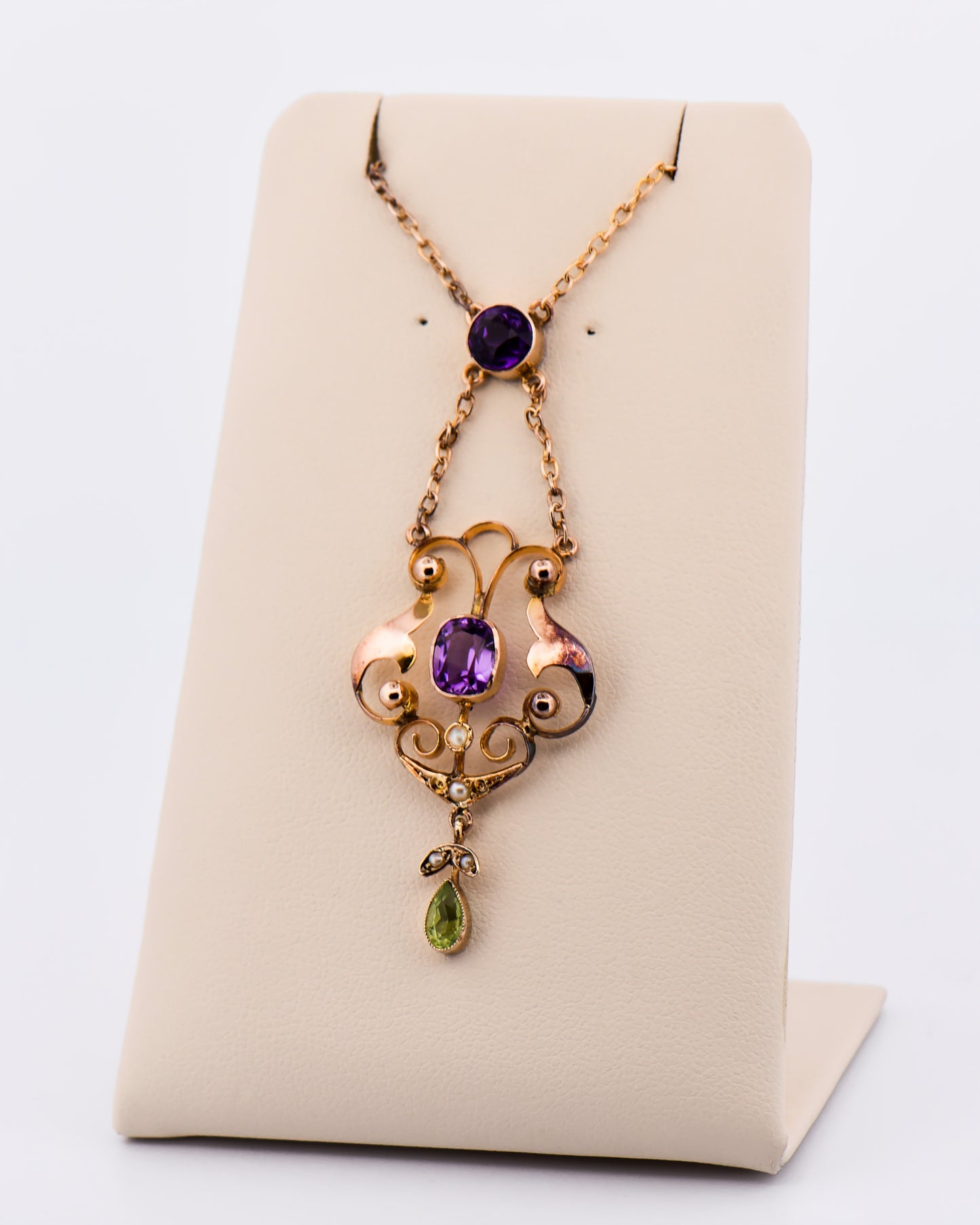 Antique Suffragette Necklace in 9k Rose Gold with Amethyst, Peridot & Pearls