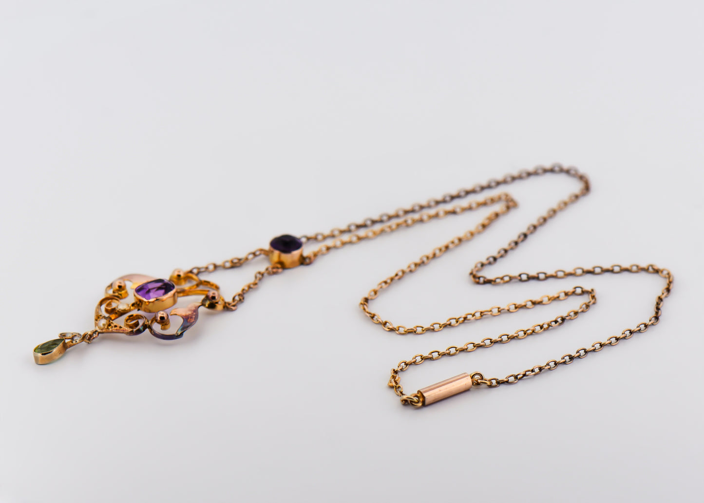 Antique Suffragette Necklace in 9k Rose Gold with Amethyst, Peridot & Pearls