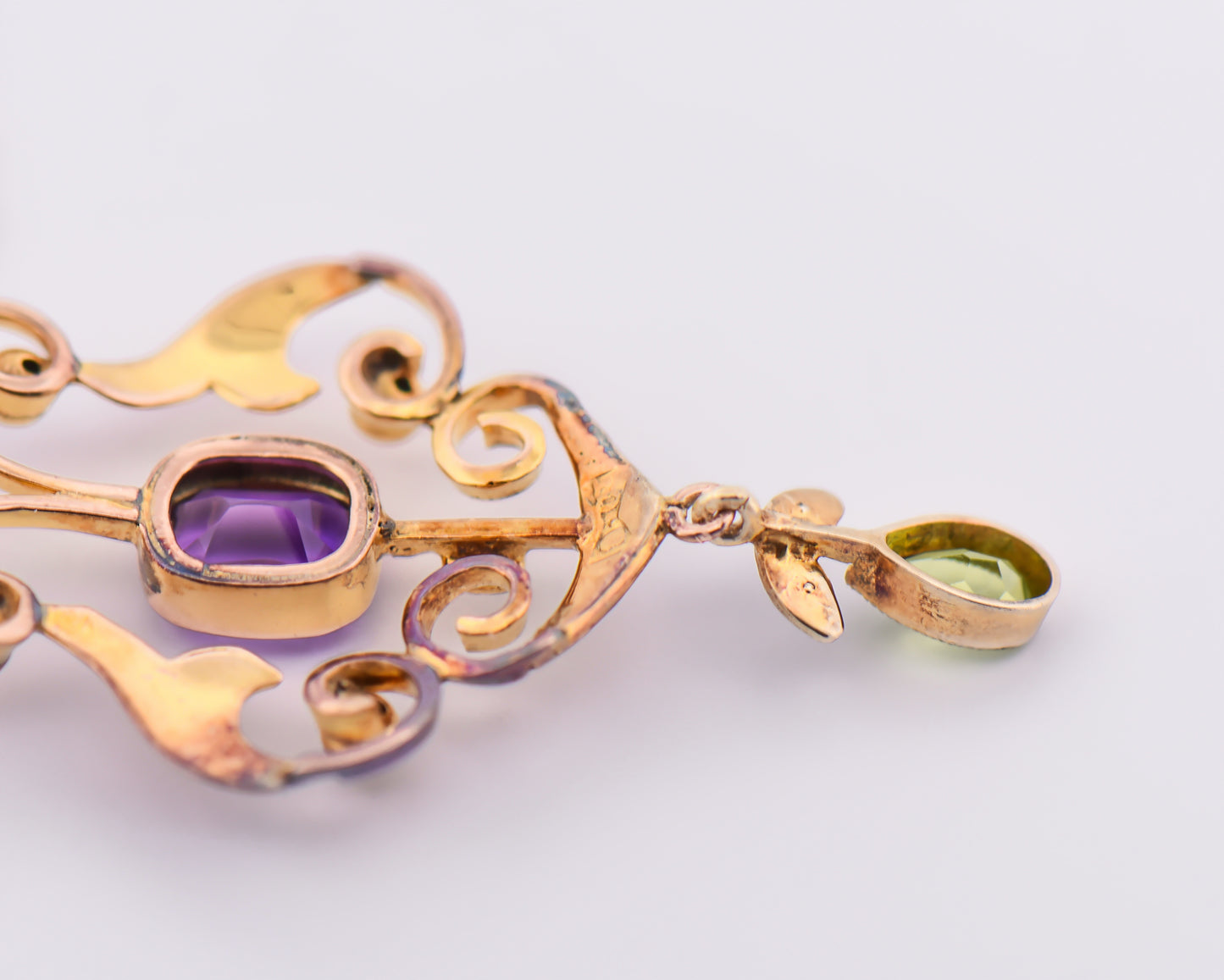 Antique Suffragette Necklace in 9k Rose Gold with Amethyst, Peridot & Pearls